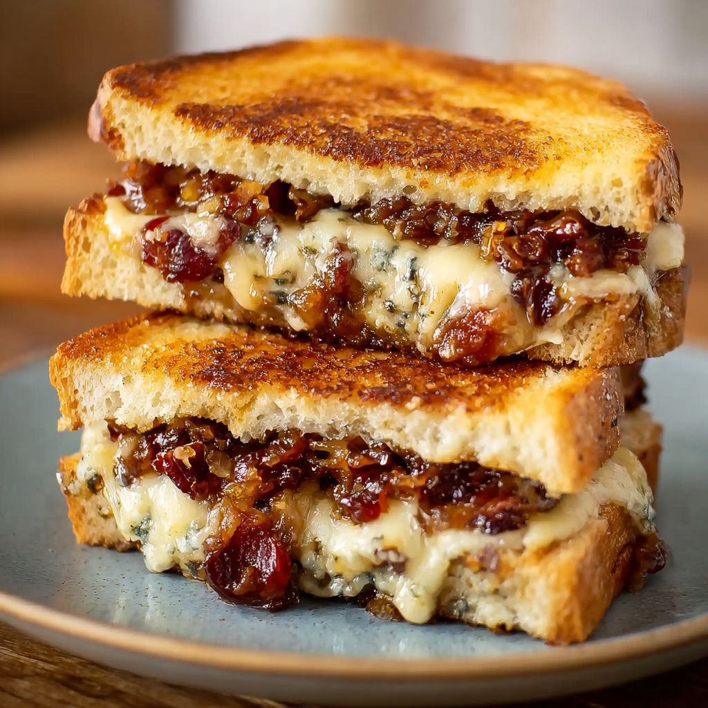 A delicious grilled sandwich with bacon, cheese, and jam.