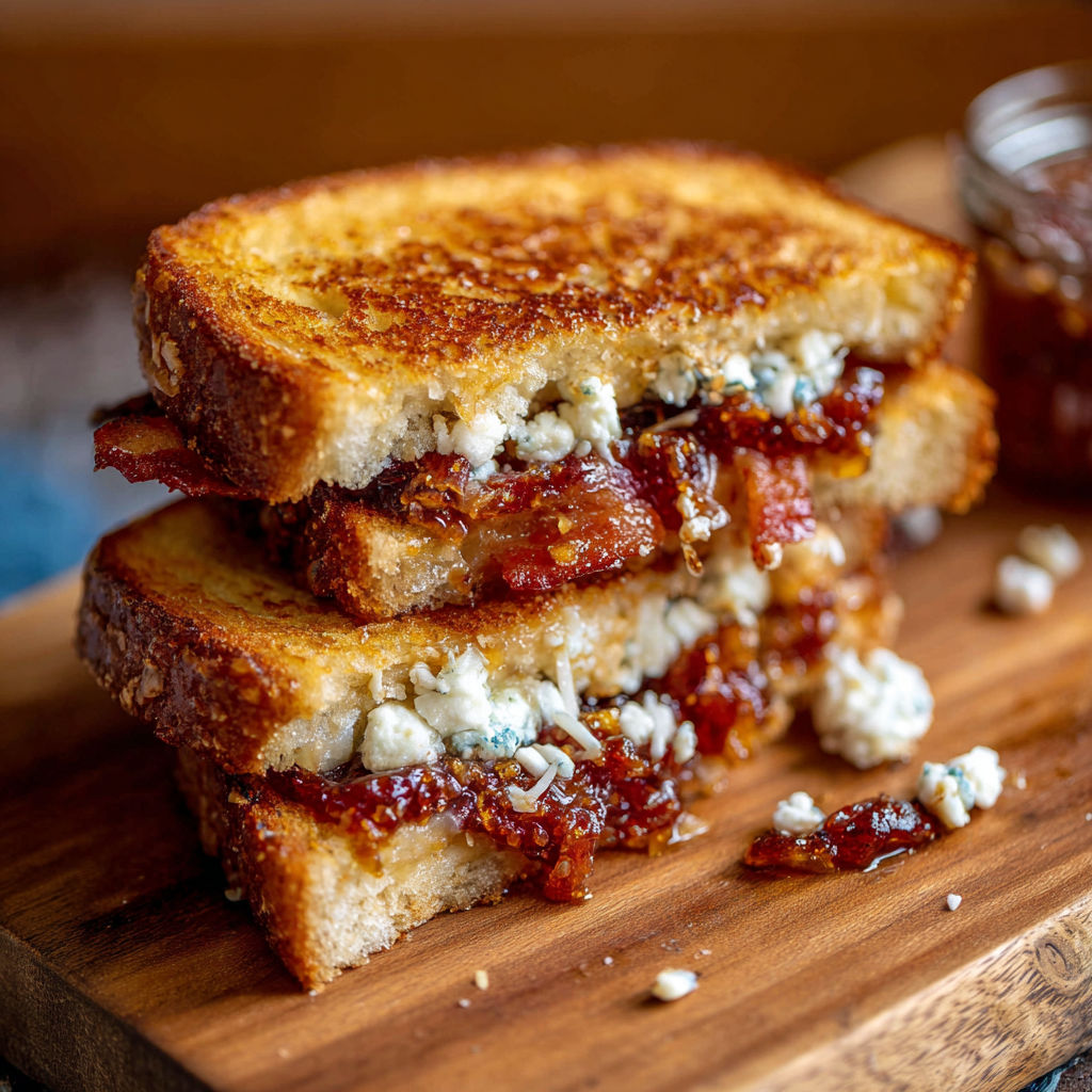 A sandwich with bacon, blue cheese, and red peppers is cut in half and placed on a wooden cutting board.