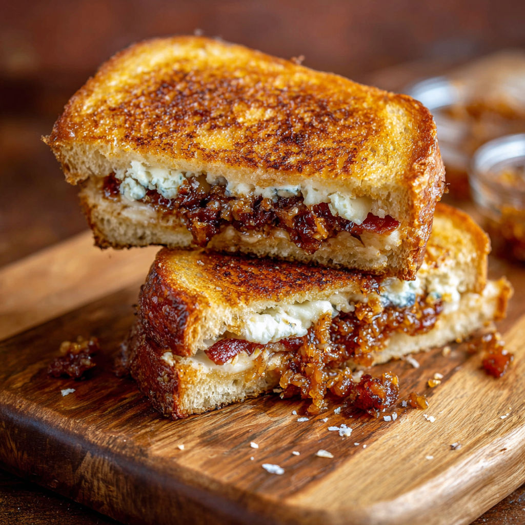 A close up of a grilled cheese sandwich with bacon and blue cheese.