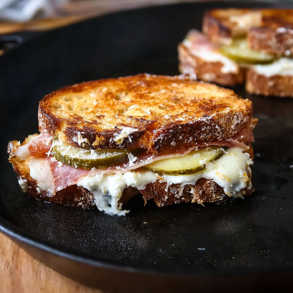 A sandwich made with prosciutto, pickle, and cream cheese is served on a black plate.