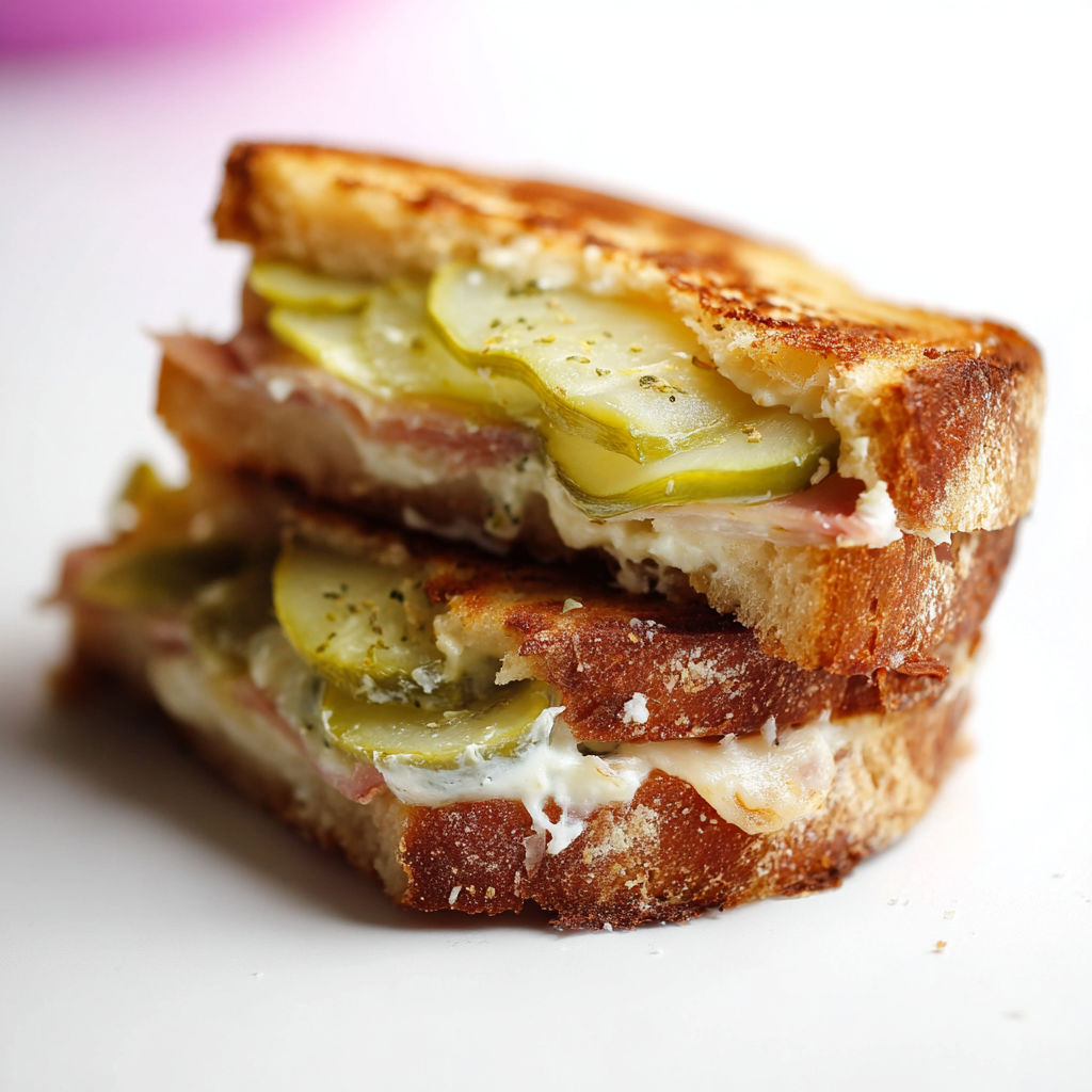 A sandwich with pickles and cream cheese on top.