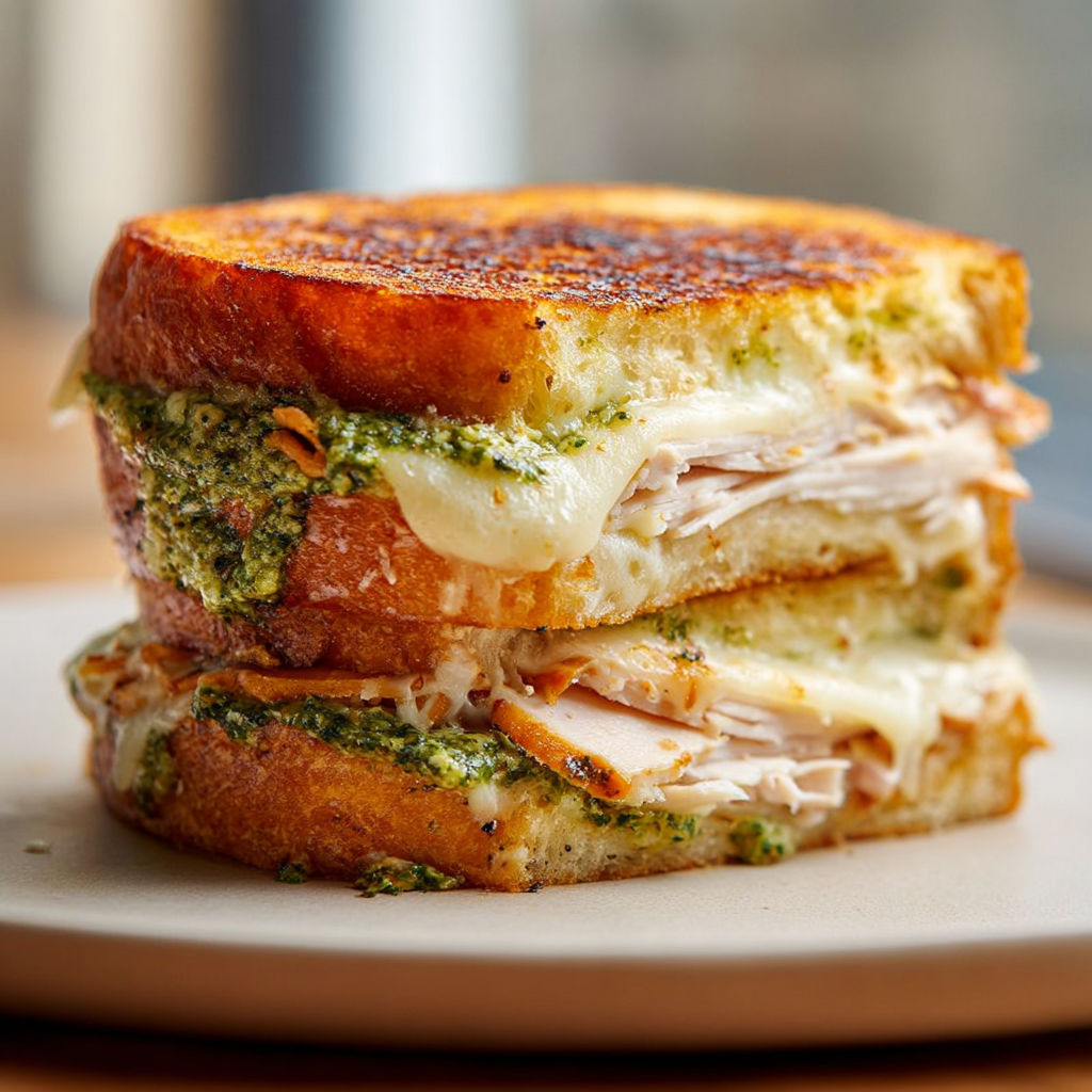 A delicious grilled sandwich with pesto, turkey, and provolone cheese.