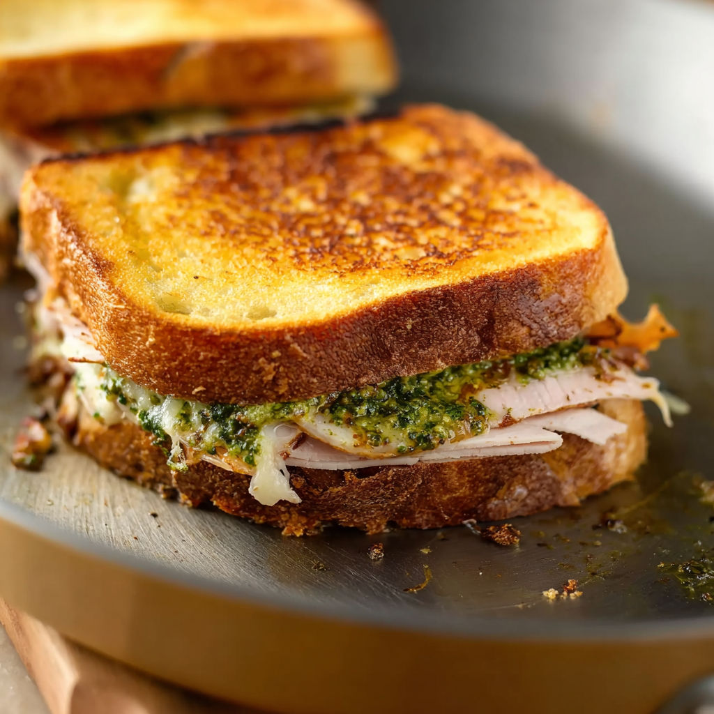 A close up of a sandwich with meat, cheese, and greens on a plate.
