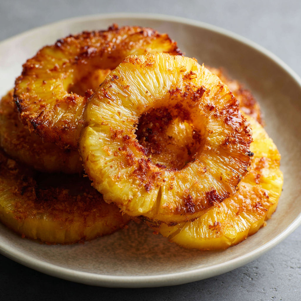 A plate of grilled pineapple slices with a brown crust.