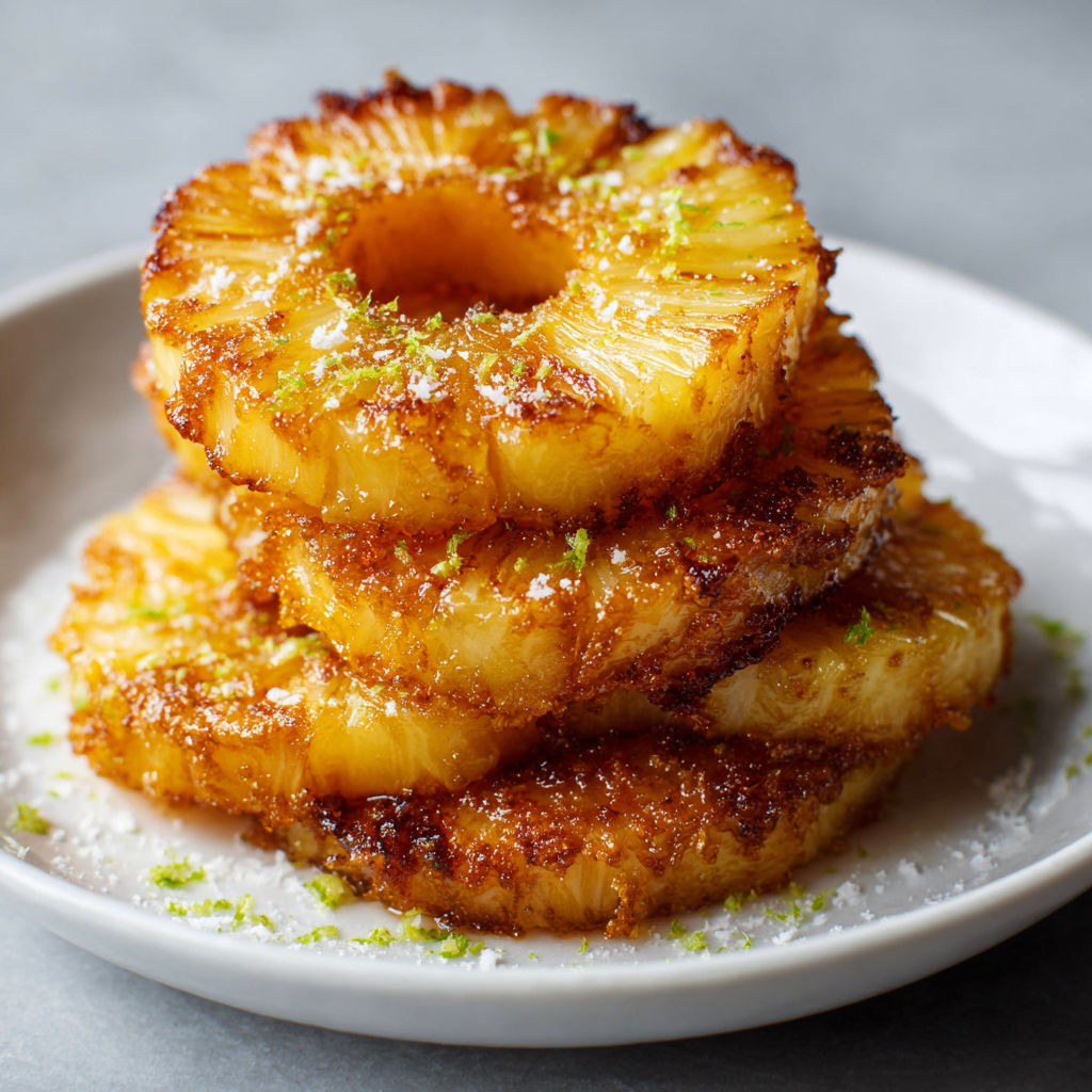 A plate of pineapple upside down cake with a sprinkle of green lime on top.