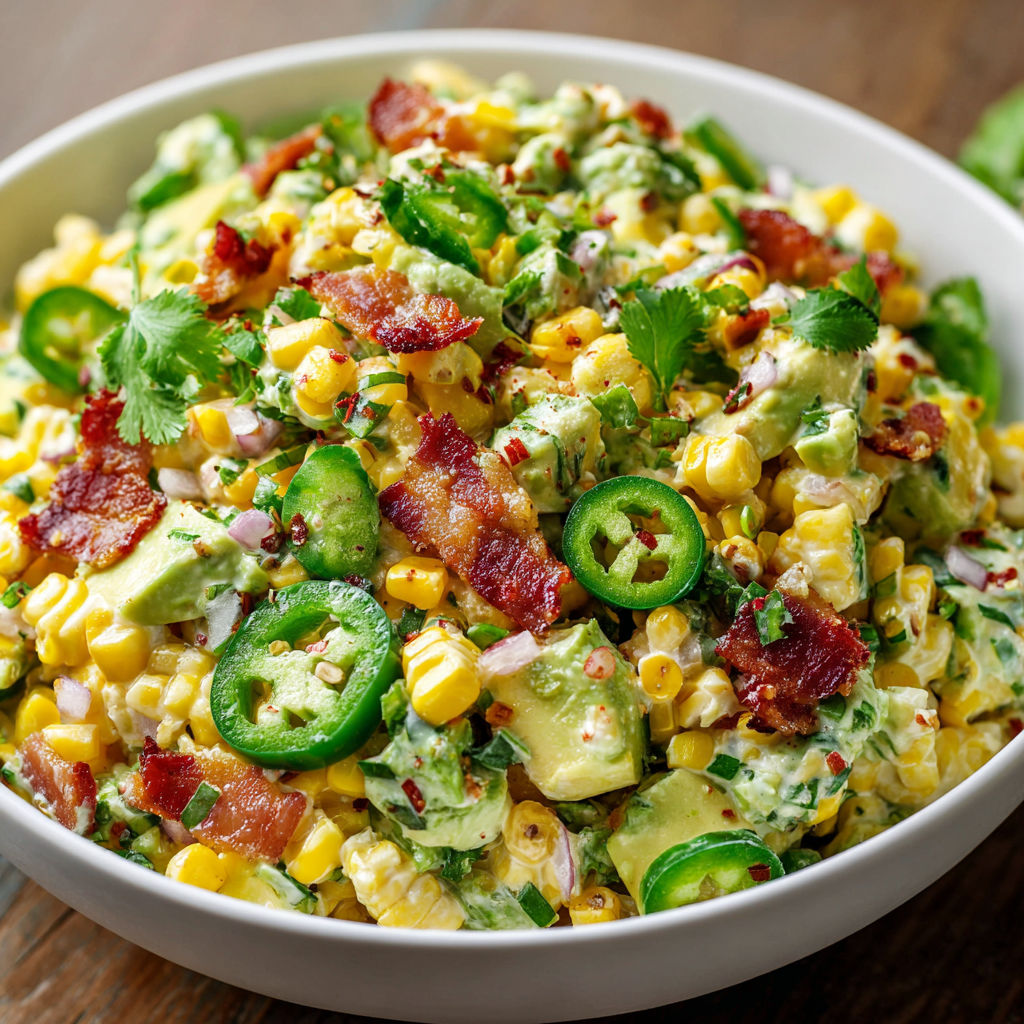A bowl of food with a variety of ingredients, including corn, jalapenos, and bacon, is presented on a wooden table. The dish appears to be a Mexican-inspired salad or salsa.