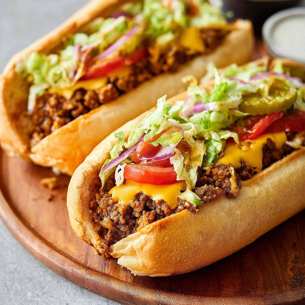 Two chopped cheese sandwiches on a wooden platter.