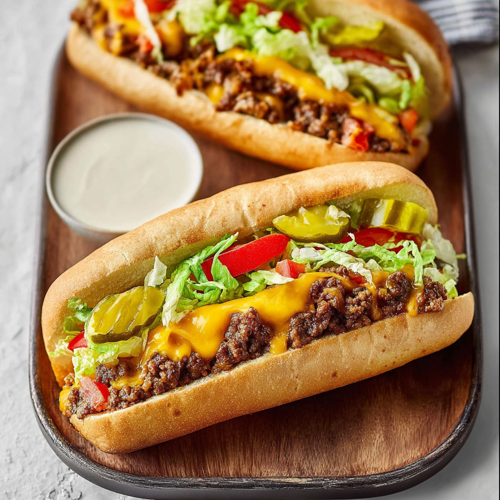 A sandwich with meat, lettuce, tomatoes, and pickles is served on a wooden tray.