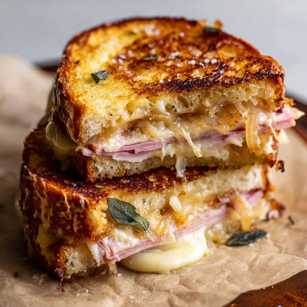 A stack of grilled cheese sandwiches with herbs on top.