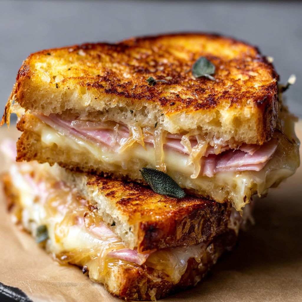 A close-up of a grilled cheese sandwich with bacon and herbs, served on a brown paper bag.
