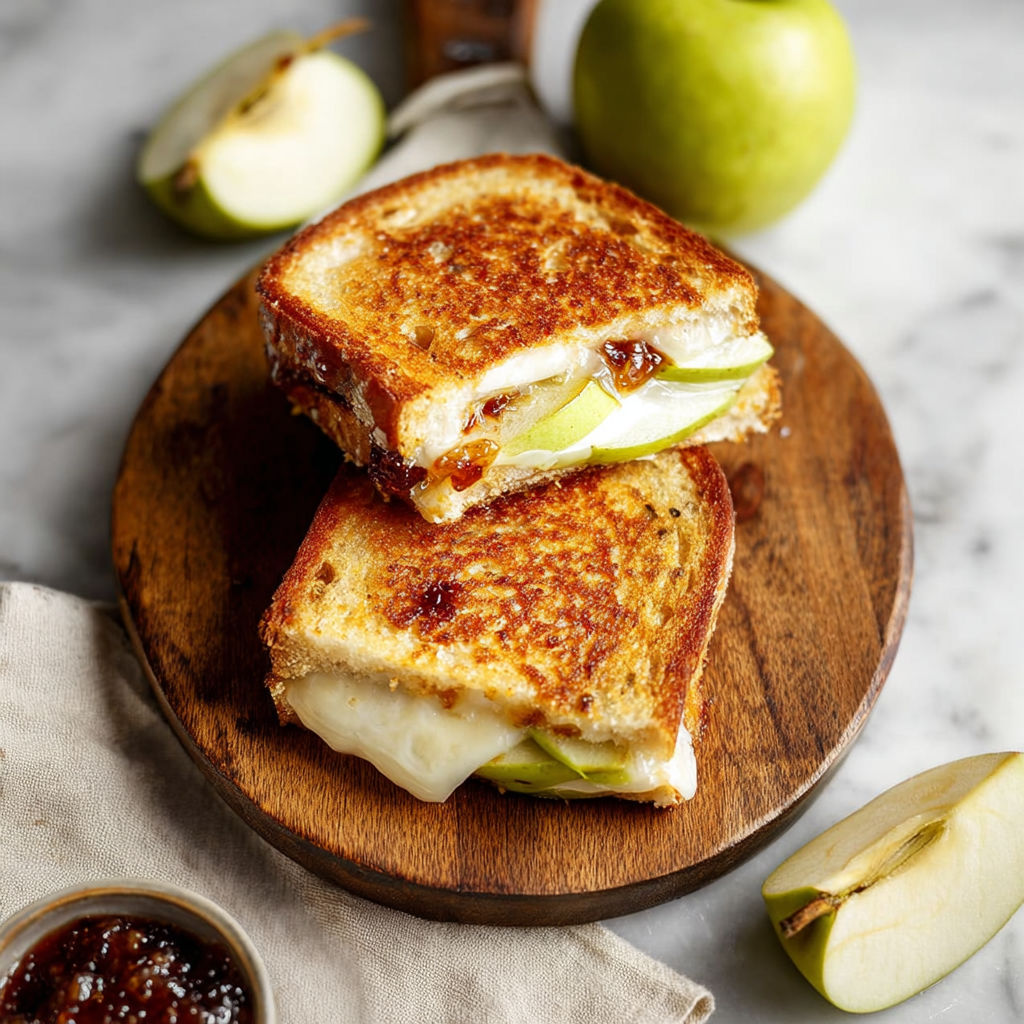 A sandwich with cheese and apple slices on a wooden board.