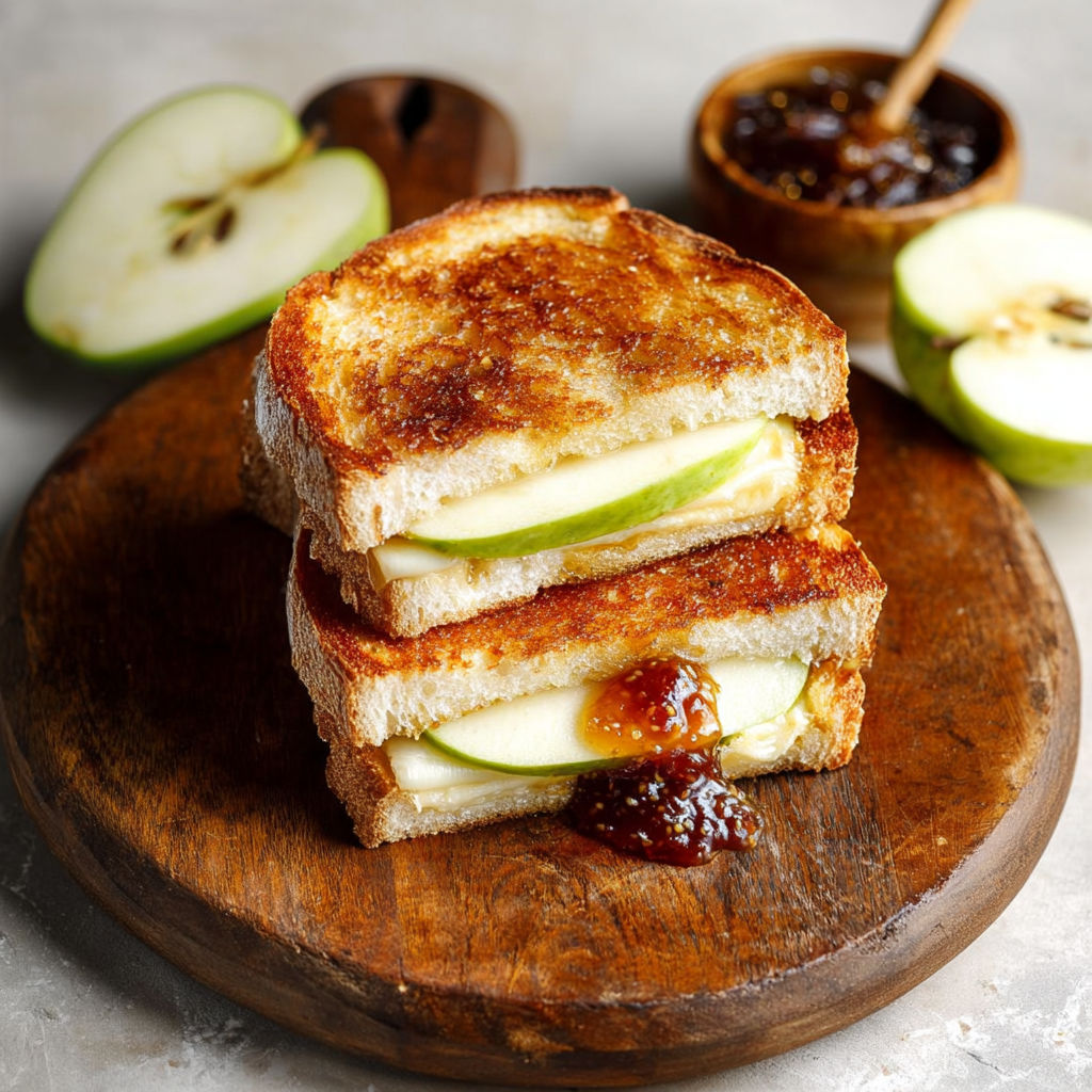 A delicious sandwich made with toasted bread, cheese, and apple slices.