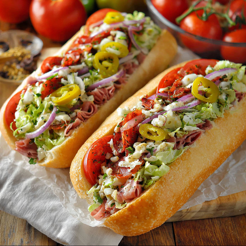 Two chopped Italian sandwiches with tomatoes, lettuce, and meat on a table.