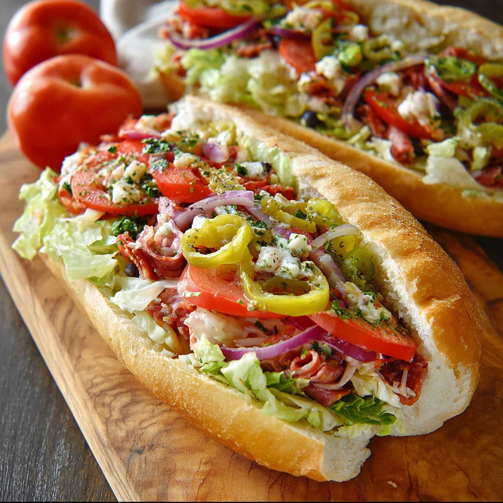 A delicious chopped Italian sandwich with lettuce, tomatoes, onions, and meat on a bun.