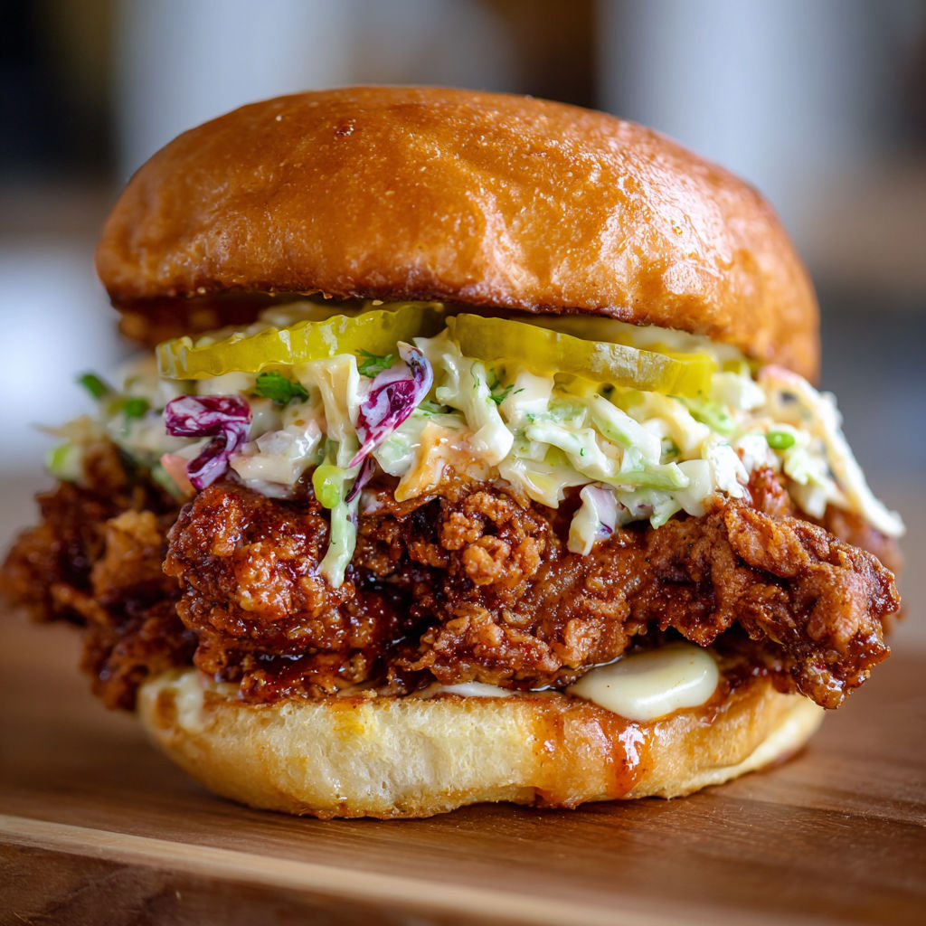 A delicious chicken sandwich with coleslaw and pickles on a wooden table.