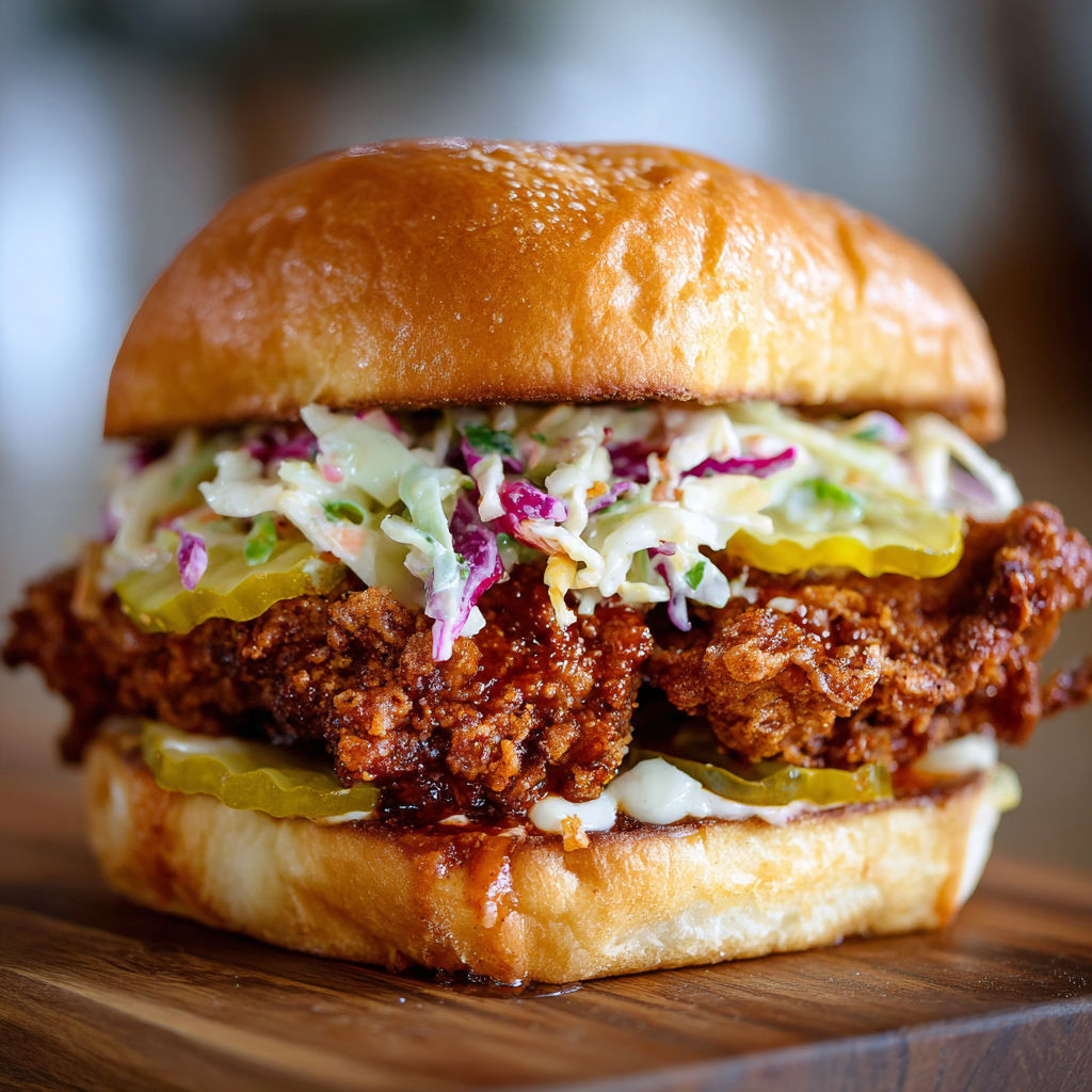 A delicious chicken sandwich with coleslaw and pickles on a bun.