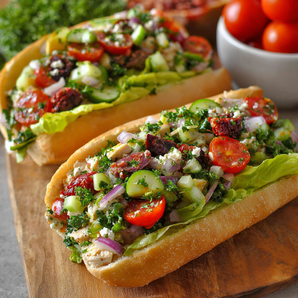 A sandwich with a variety of vegetables and meat on a wooden cutting board.