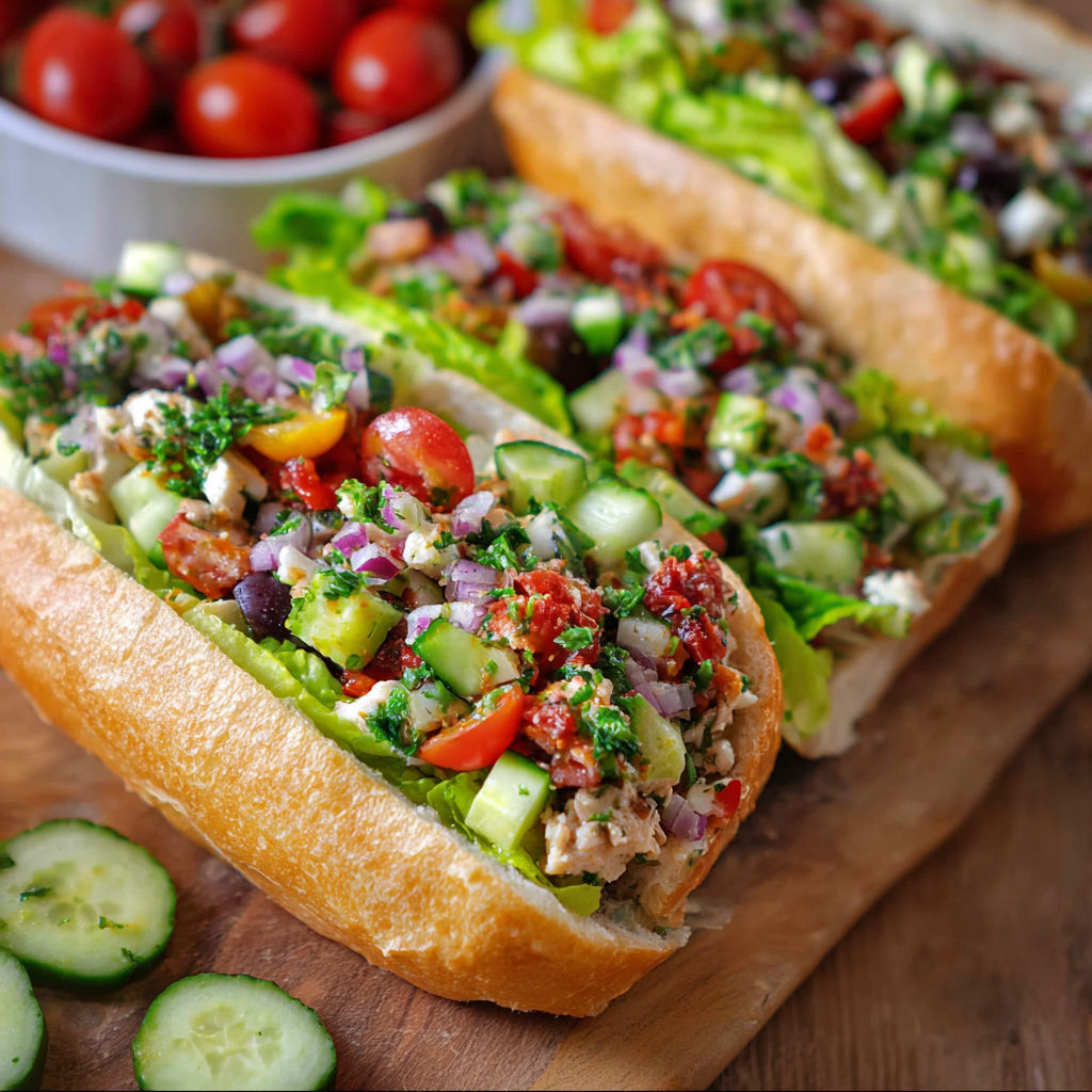 A sandwich with vegetables and meat on a wooden table.