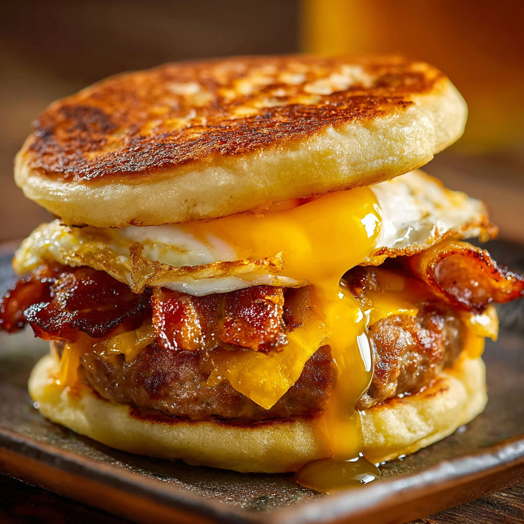 A delicious breakfast sandwich made with bacon, egg, and cheese, served on a toasted bun.