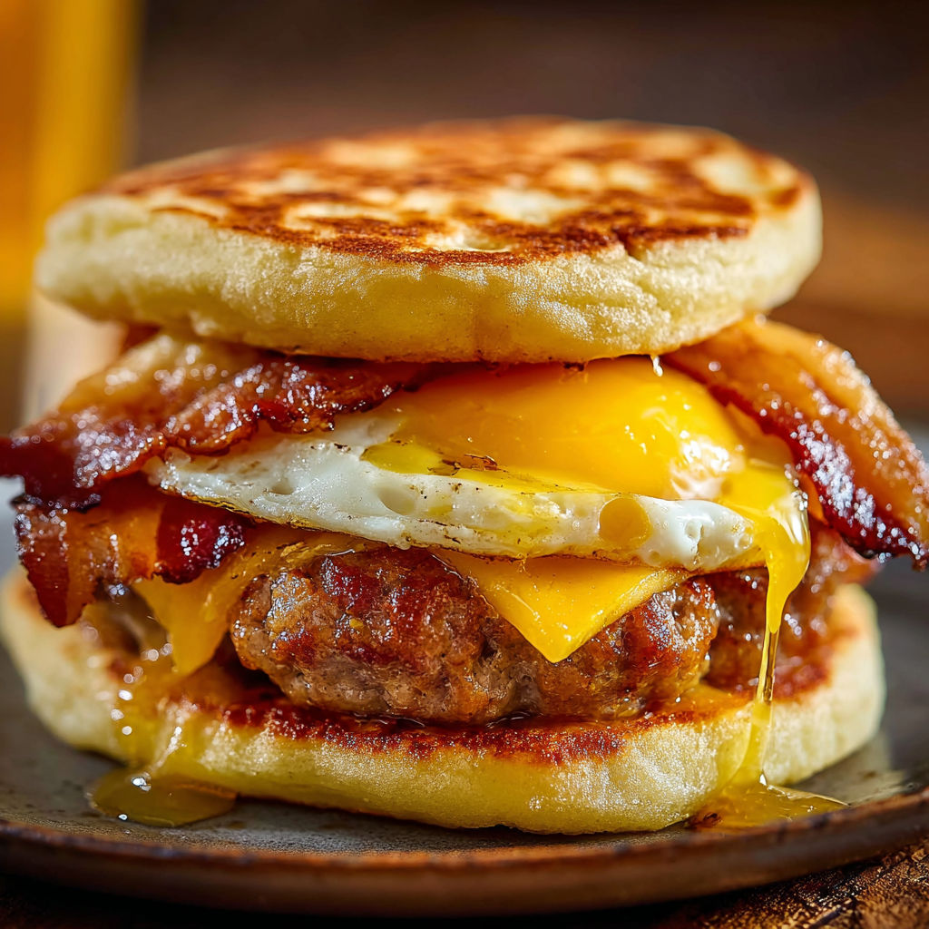 A breakfast sandwich with bacon, egg, and cheese on a toasted English muffin.