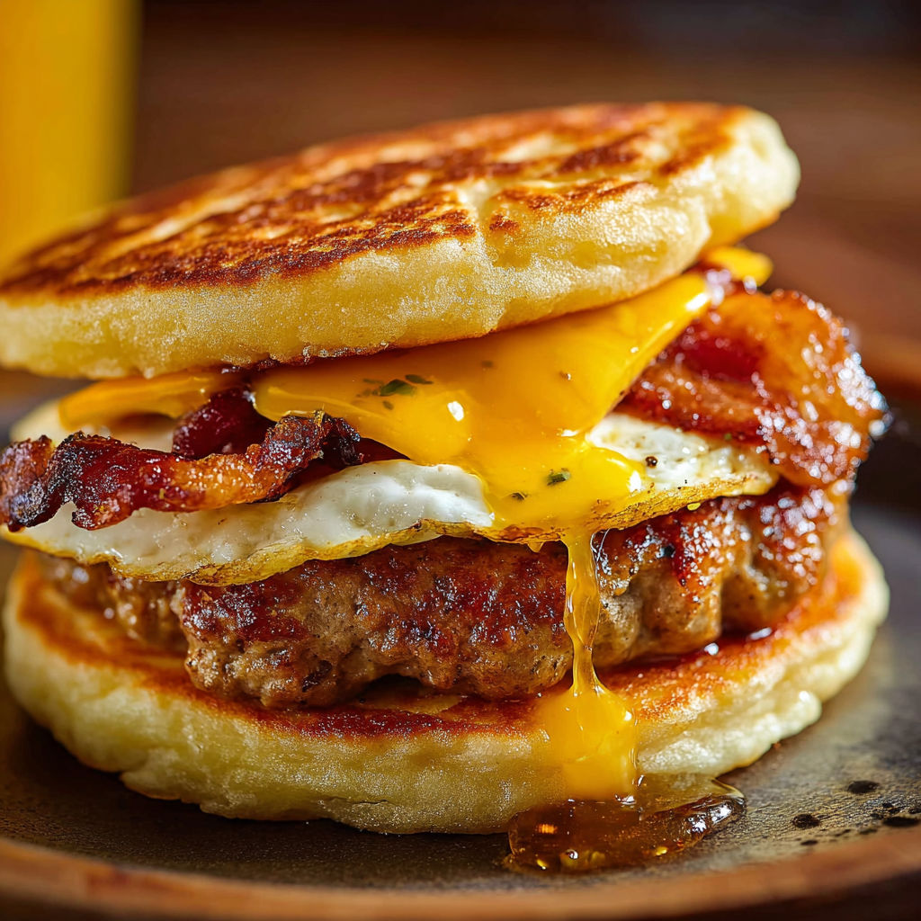 A breakfast sandwich made with bacon, egg, and cheese.
