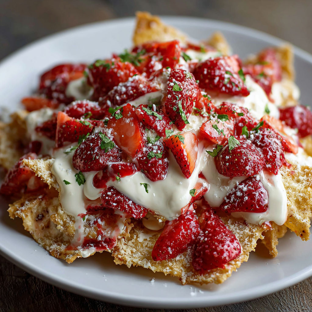 A plate of Strawberry Cheesecake Nachos is presented on a wooden table.