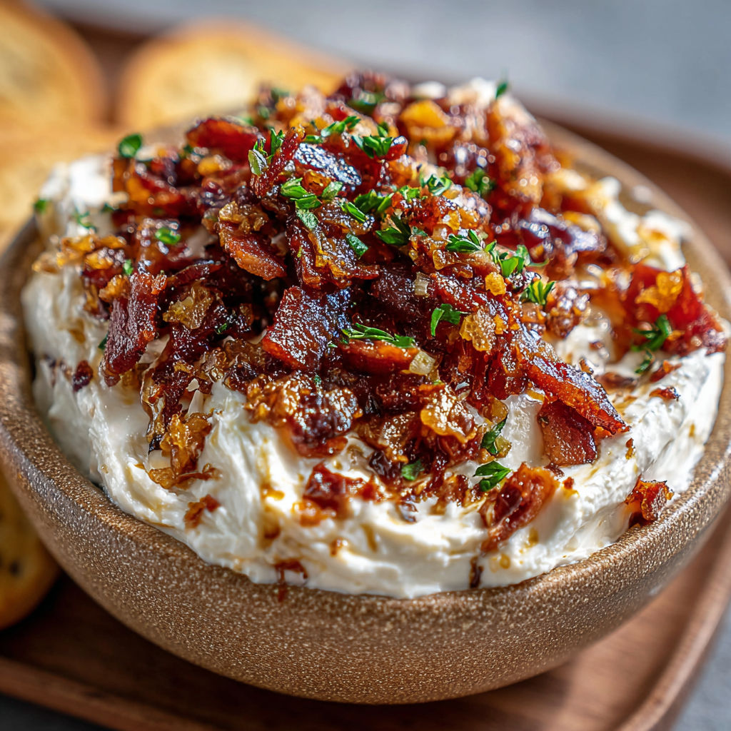A bowl of chili bacon crunch cream cheese spread is displayed on a wooden tray.