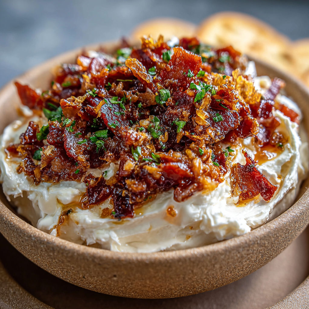 A bowl of chili bacon crunch cream cheese spread, perfect for an epic happy hour.