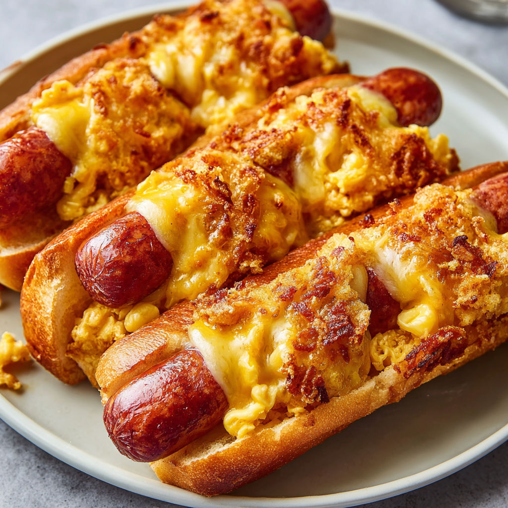 Two hot dogs with cheese and bacon on a plate.