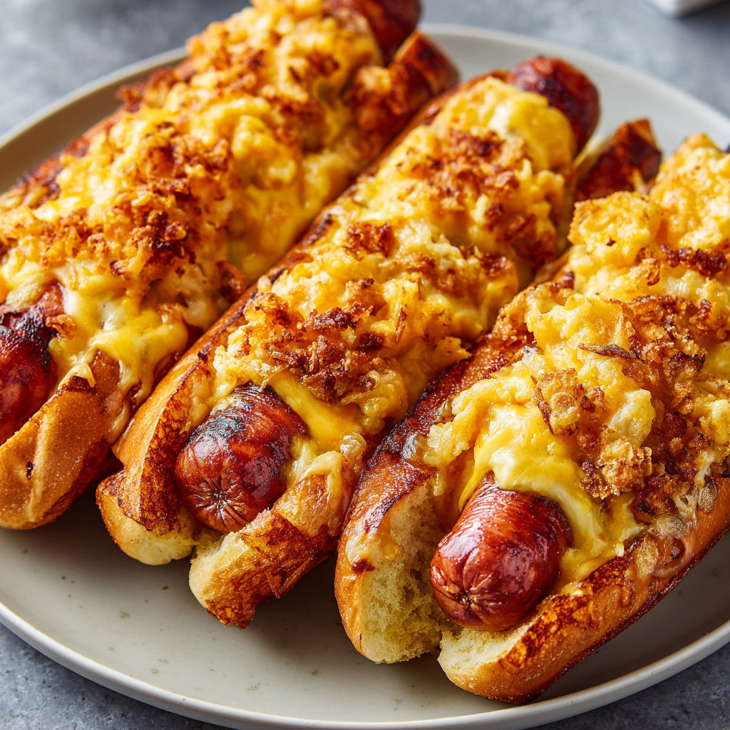 Two hot dogs with cheese and bacon on a plate.
