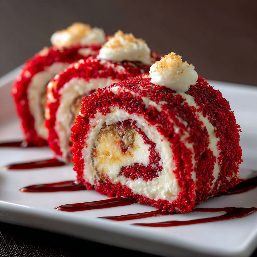 A plate with a red velvet cheesecake sushi roll dessert on it.