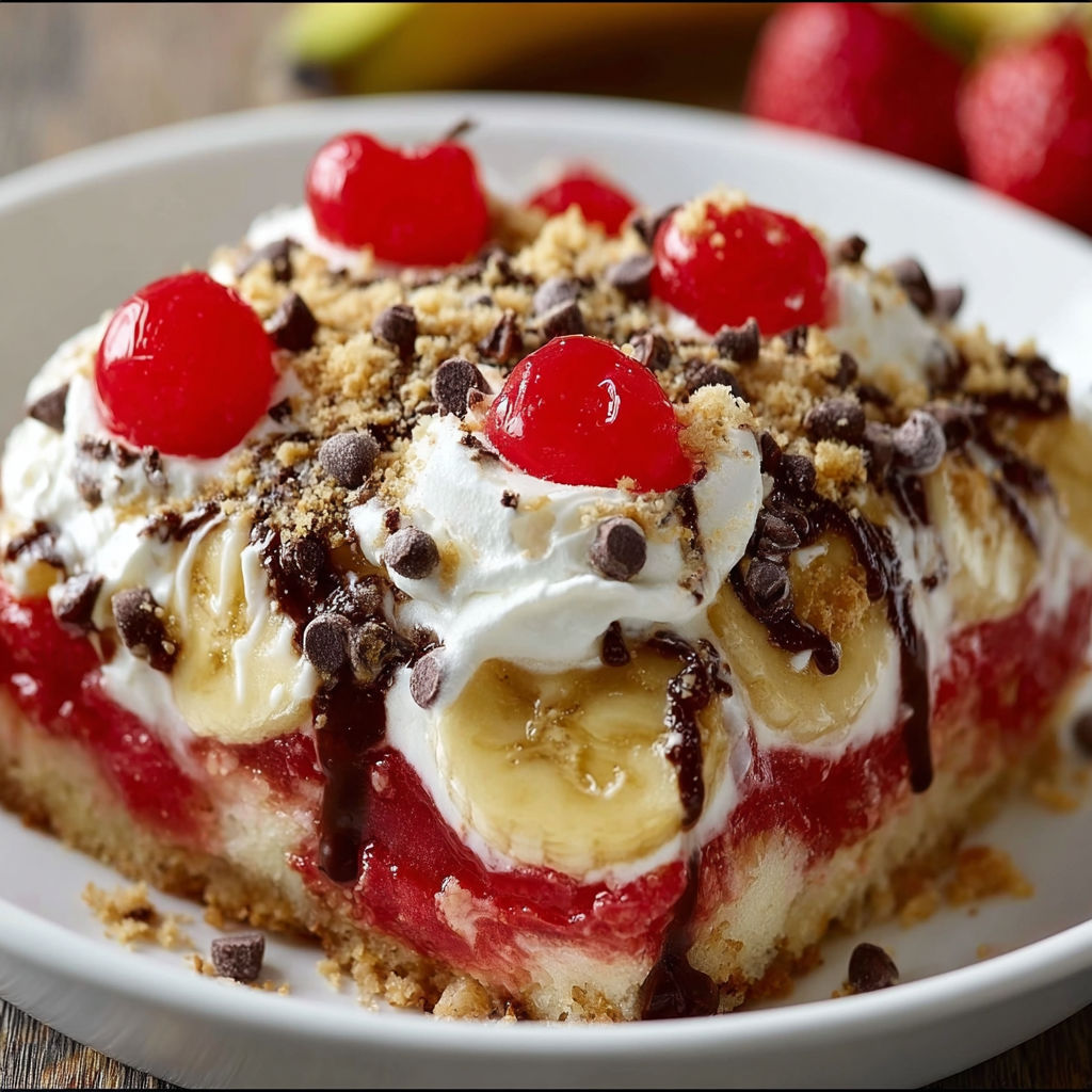 A slice of Banana Split Dump Cake with chocolate and banana toppings.