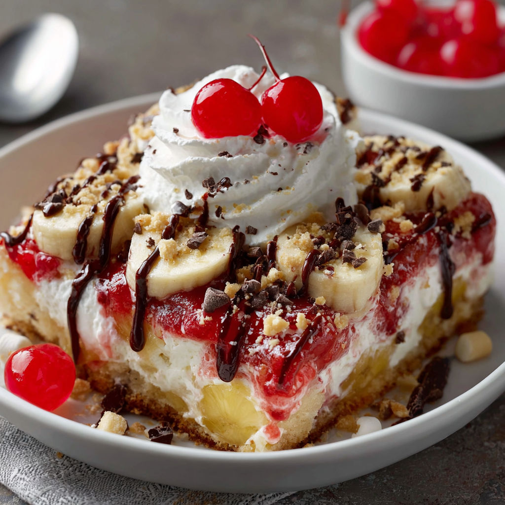 A slice of banana cream pie with whipped cream and cherries on top.
