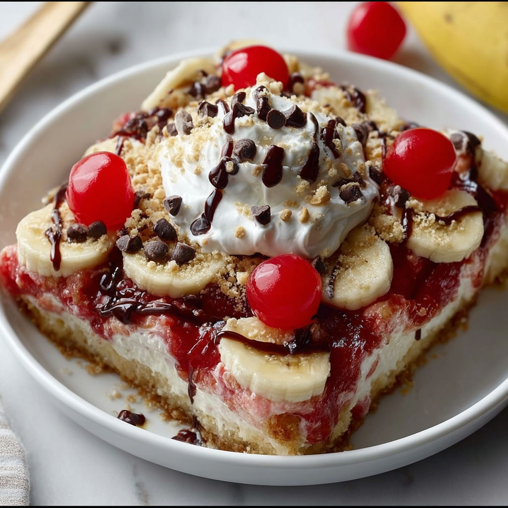 A slice of banana cream pie with chocolate drizzle and cherries on top.