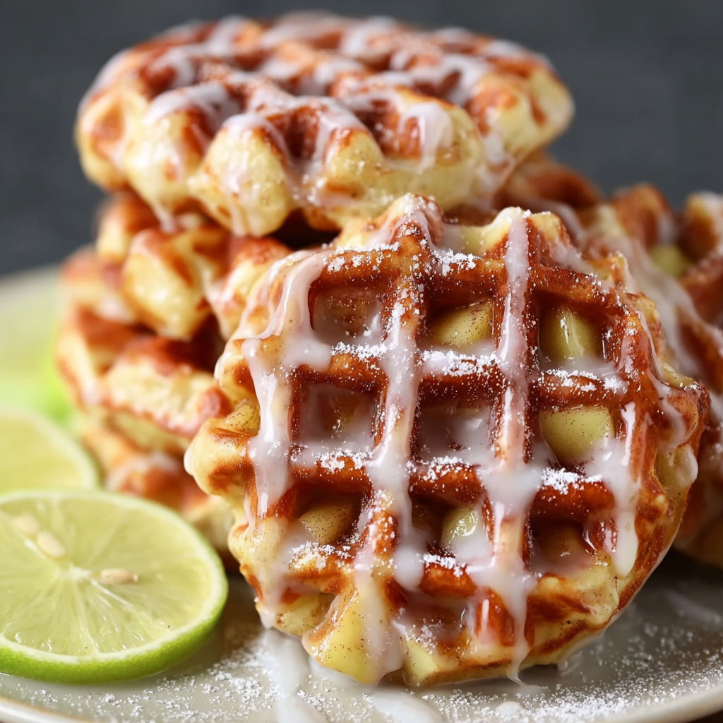 A plate of mini apple fritter waffle donuts with powdered sugar and a lemon wedge.
