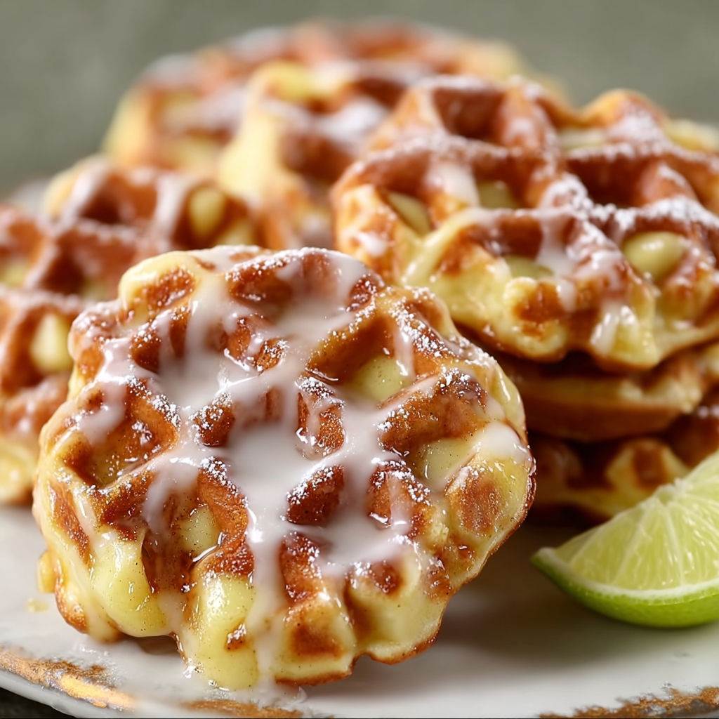A plate of mini apple fritter waffle donuts with powdered sugar on top.
