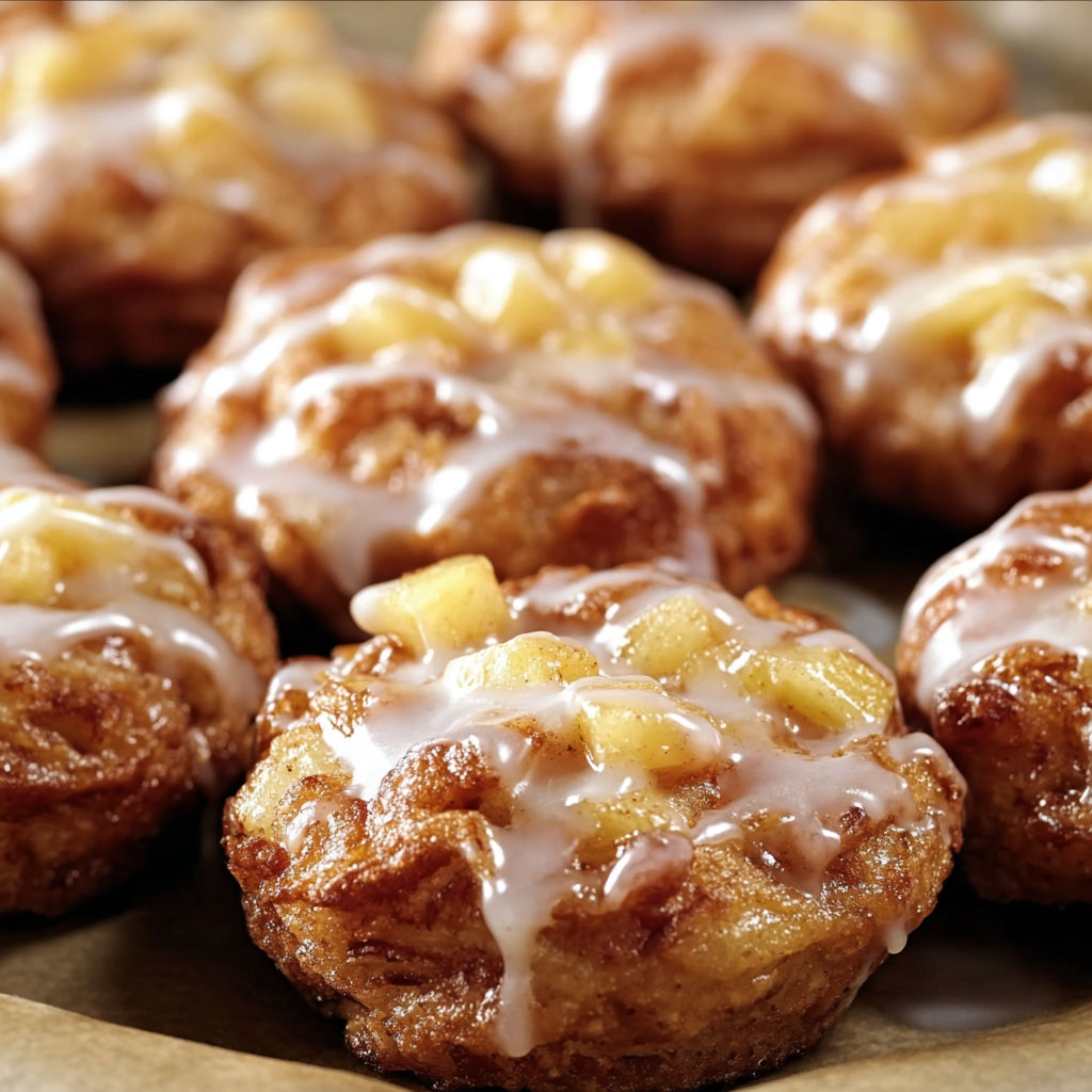A plate of baked apple fritters with a glaze on top.