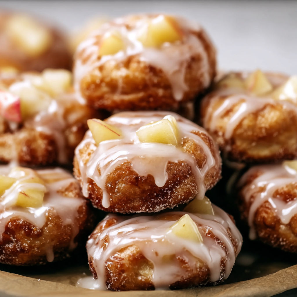 A plate of baked apple fritters with a glaze drizzled over them.