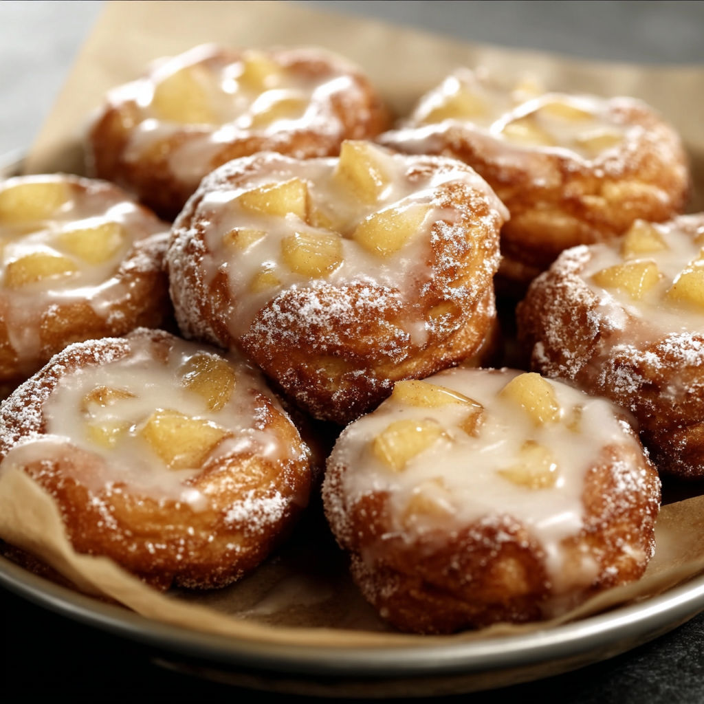 A plate of baked apple fritters with a glaze on top.