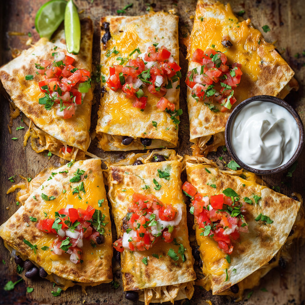 A delicious Sheet Pan Quesadilla is served on a wooden cutting board.