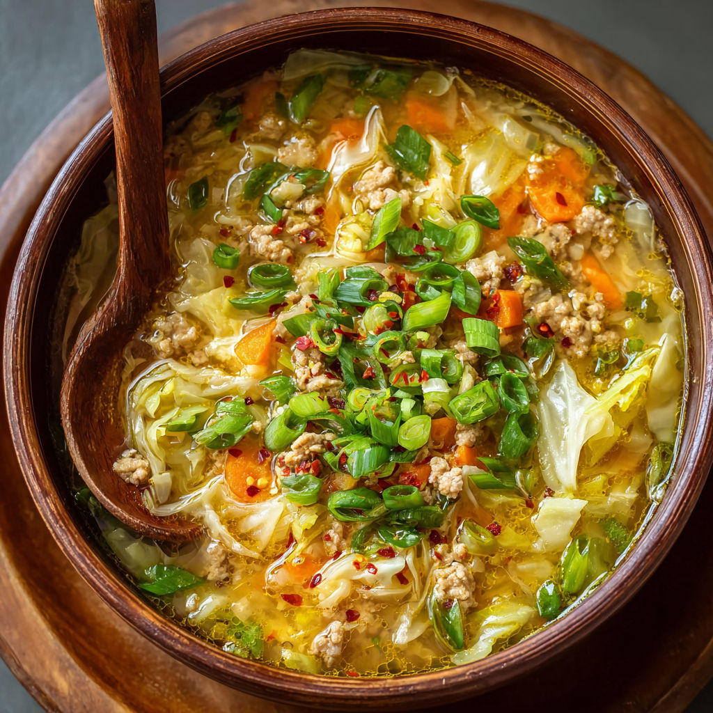 A bowl of soup with a wooden spoon in it, containing ingredients such as carrots, cabbage, and noodles.