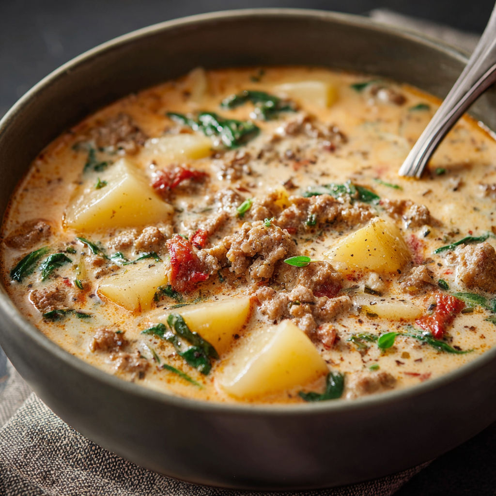 A bowl of Tuscan Sausage and Potato Soup is served in a grey bowl.