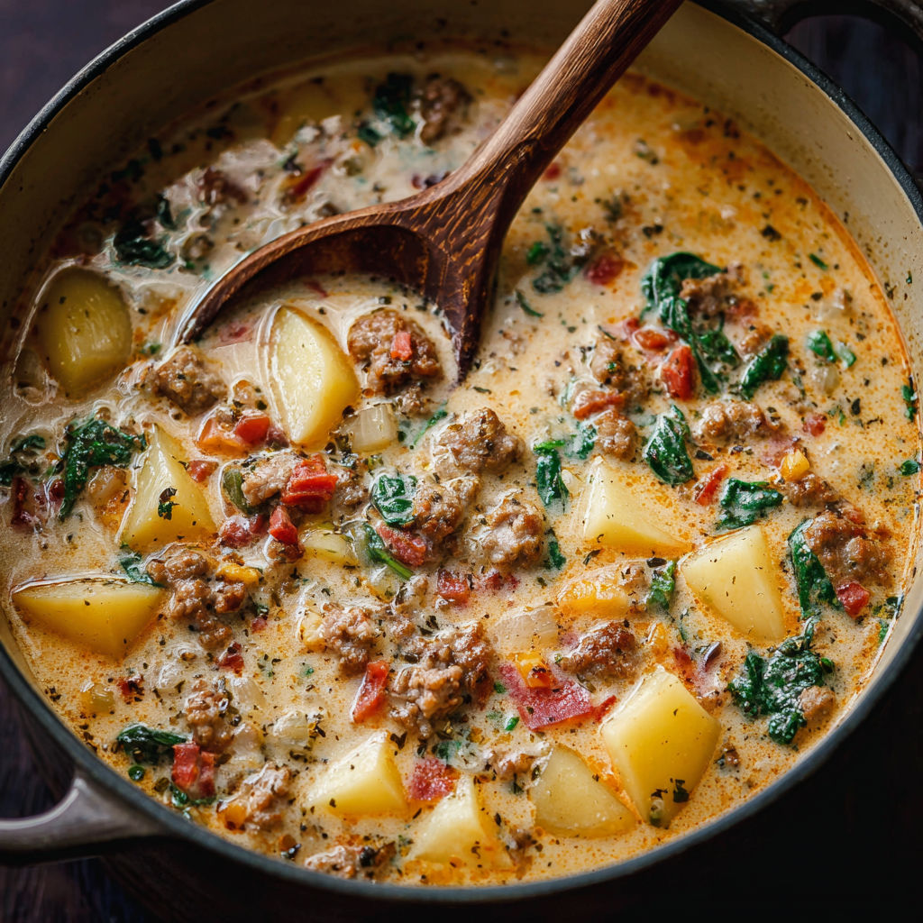 A bowl of Tuscan Sausage and Potato Soup with a wooden spoon in it.