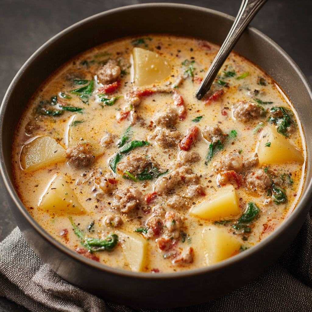 A bowl of Tuscan Sausage and Potato Soup is filled with a variety of ingredients, including sausage, potatoes, and greens.