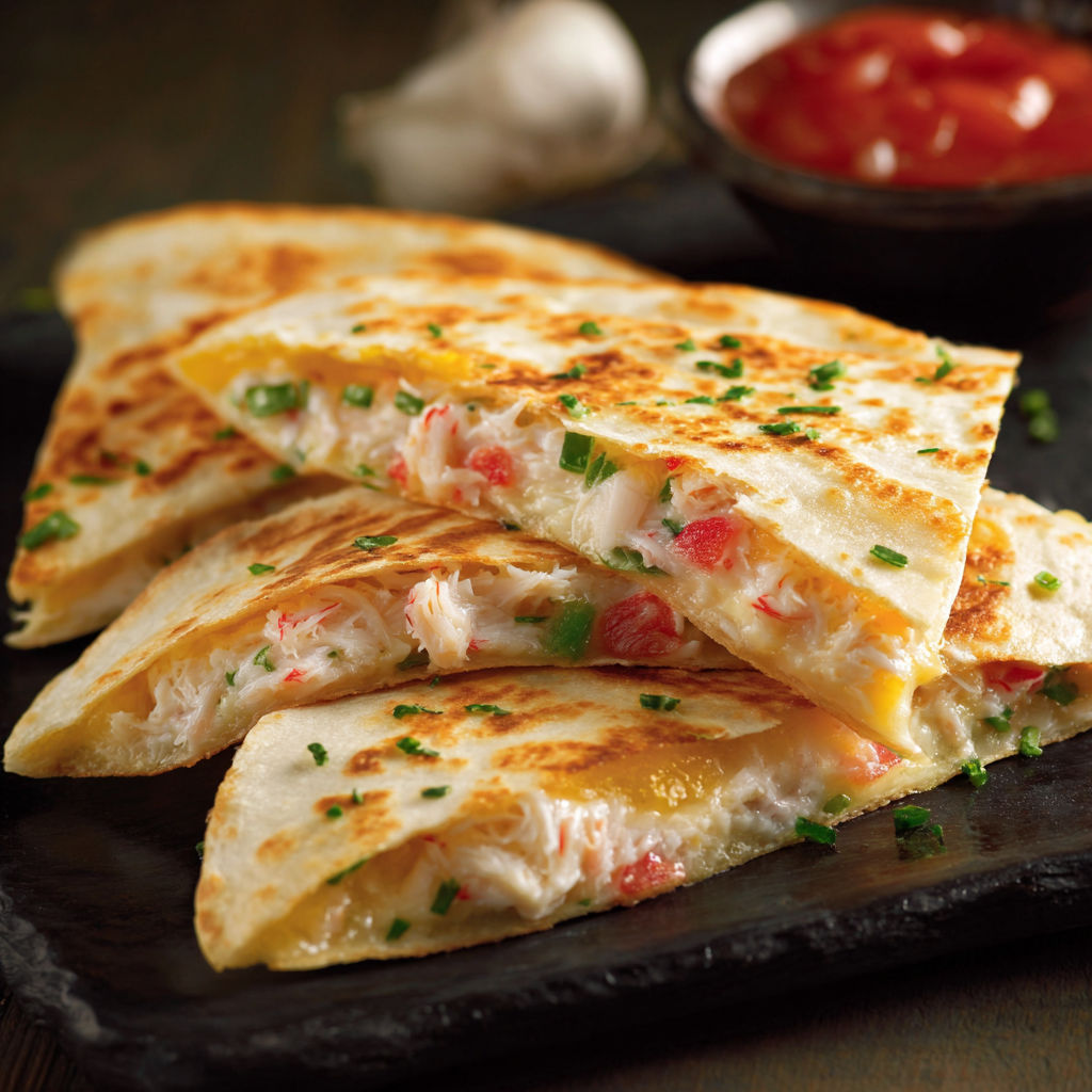 A delicious Crab Classic Quesadilla is served on a black plate.