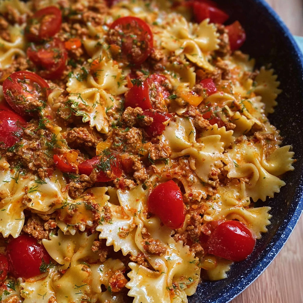 A bowl of pasta with meat sauce and tomatoes.