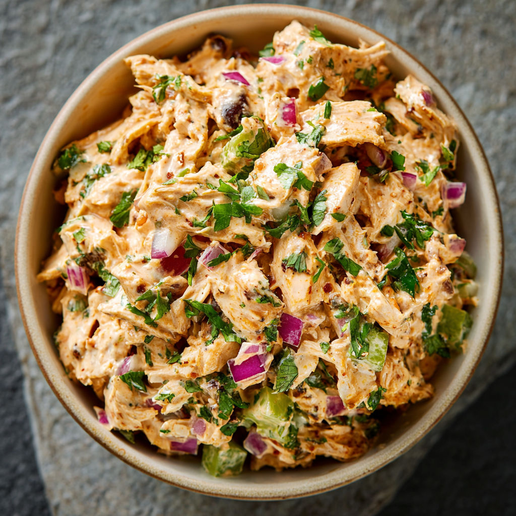 A bowl of chicken salad with a variety of vegetables and herbs.