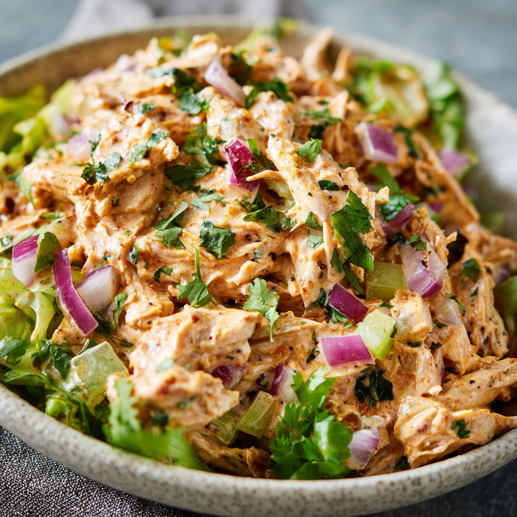 A bowl of chicken salad with onions, lettuce, and herbs.