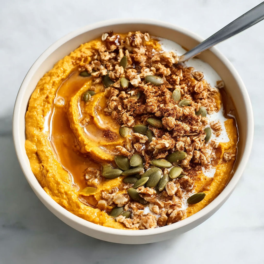 A bowl of oatmeal with nuts and seeds on top.