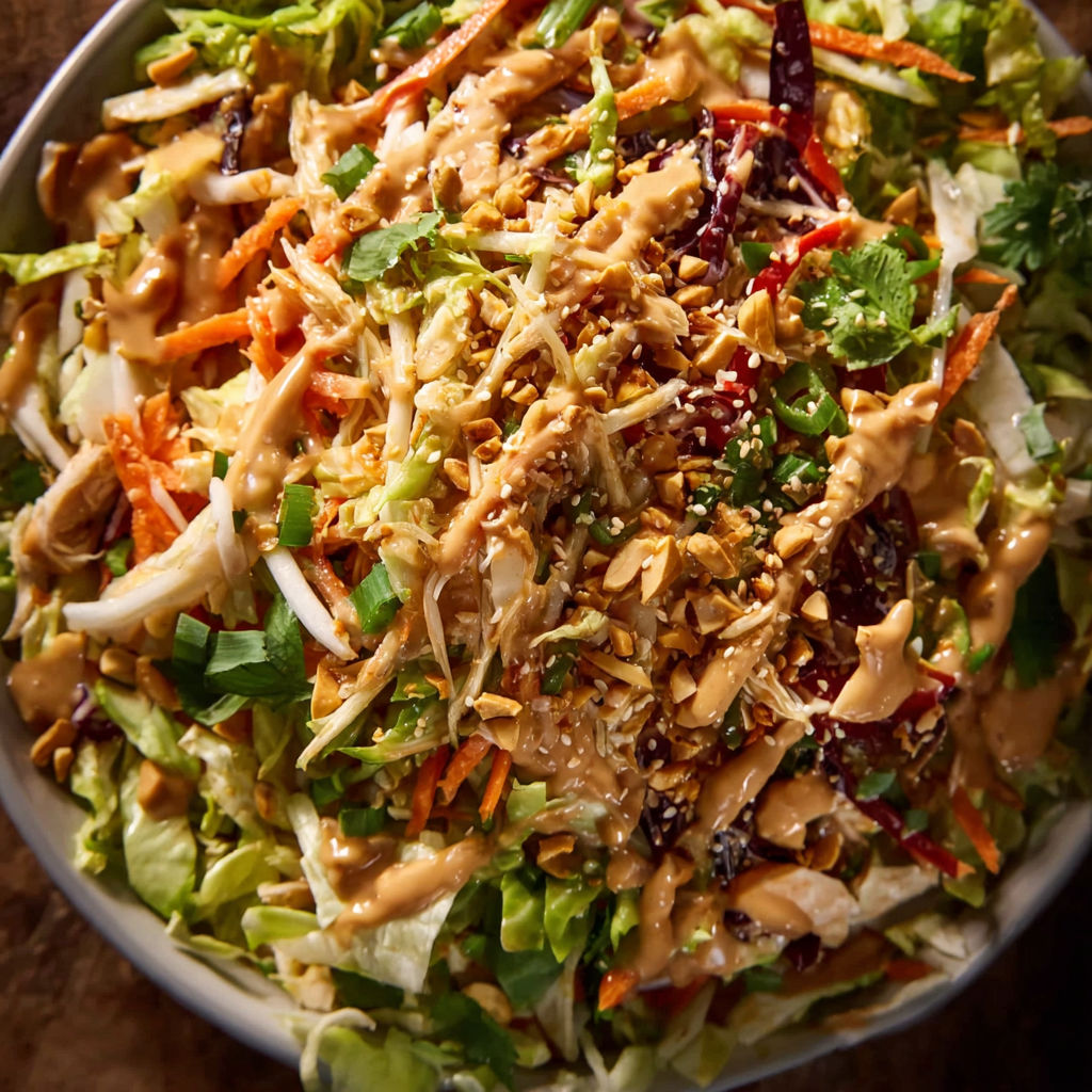 A bowl of Asian salad with peanut sauce and sesame seeds.
